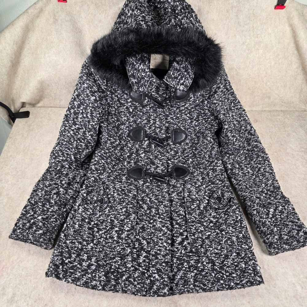 Altar'd State Womens Black White Bouclé Toggle Coat Faux Fur Hood Small